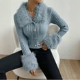 thumbnail image 5 of Aboser Furry Trim Ribbed Sweaters for Women Trendy Button Down Crop Tops Stretchy Slim Fit Tunic Sweater Comfy V Neck Party Shirts Soft Knitwear Blue L, 5 of 6