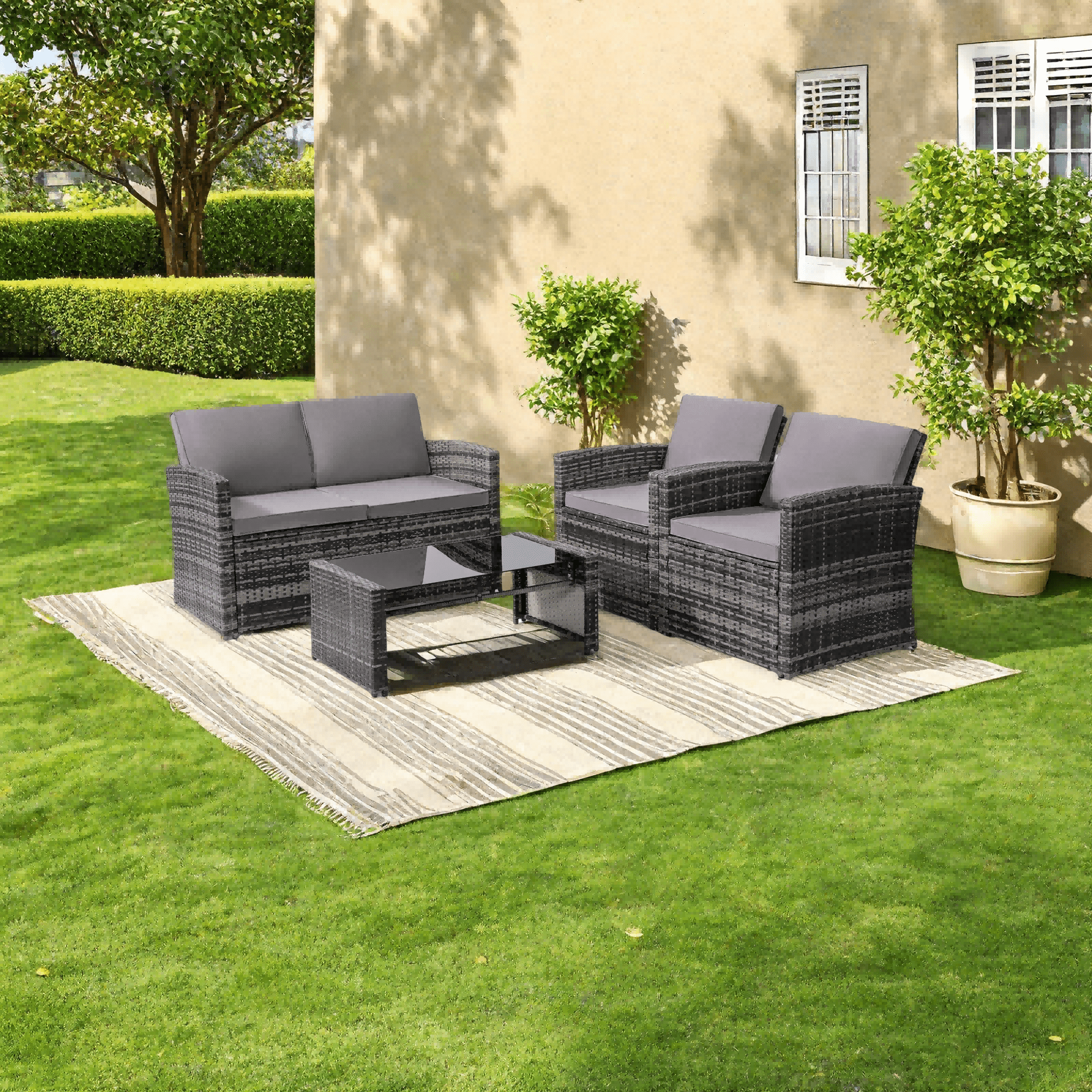 TUAREX Outdoor 4 Piece Wicker Patio Furniture Set, Waterproof Rattan Sectional Sofa with Thick Cushions, Perfect for Patio, Garden, Porch & Backyard, Grey Rattan and Light Grey Cushion