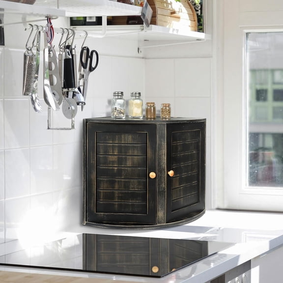 Double Layers Bamboo Corner Bread Box Vintage Black Large Capacity Food Storage Bin for Kitchen Counter