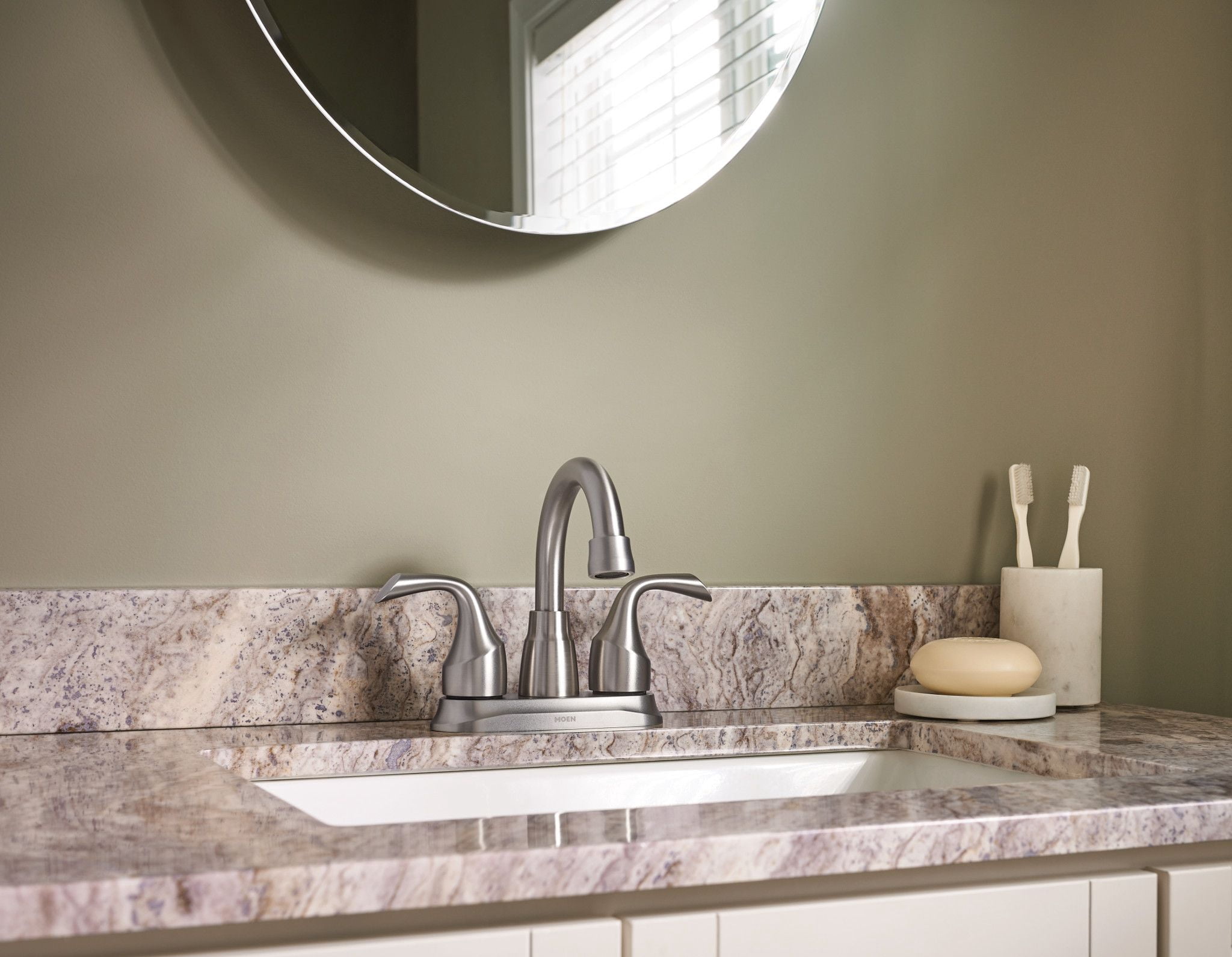 Idora Two-Handle Centerset Bathroom Sink Faucet with Drain Assembly, Spot Resist Brushed Nickel