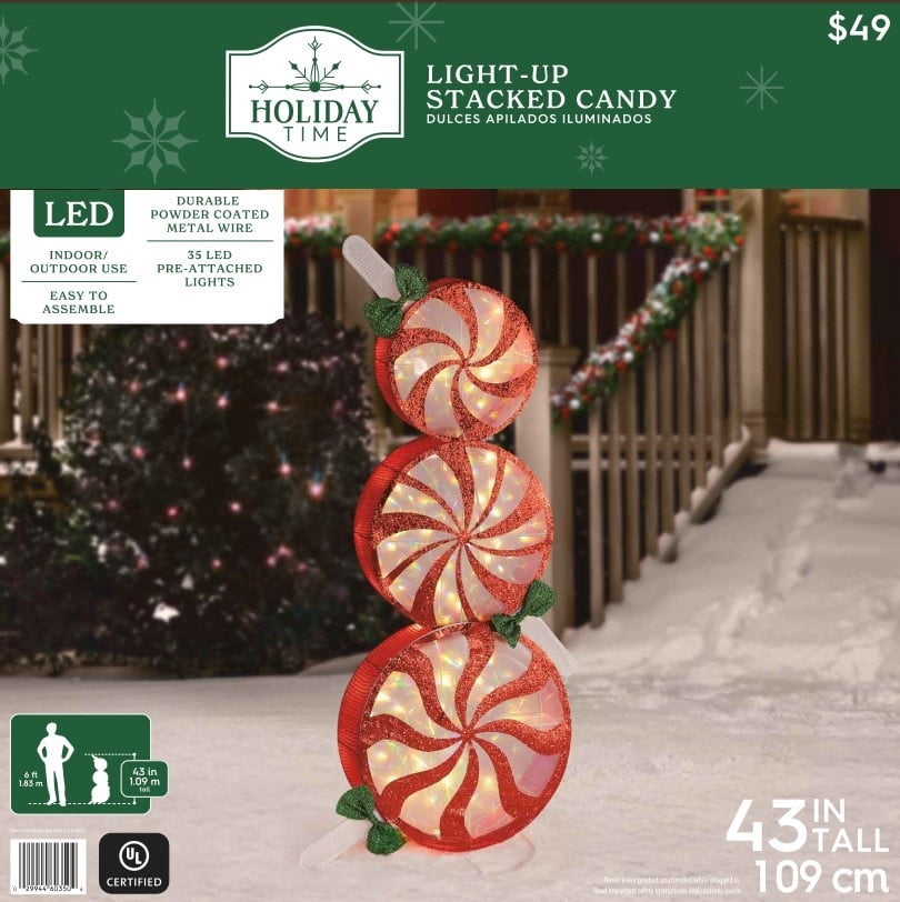 (2 pack) Light-Up Peppermint Lollipop Stack, 43 in, by Holiday Time