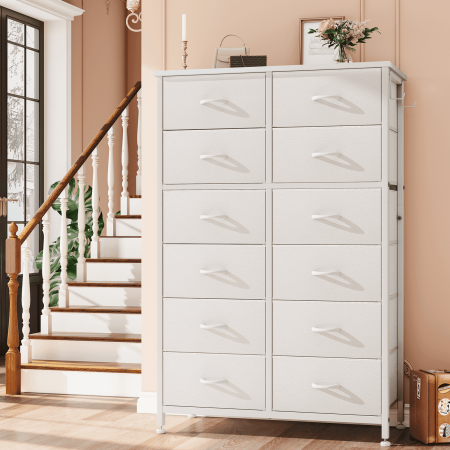 GIKPAL 12 Drawer Dresser, Dressers for Bedroom Chest of Drawers Tall Dresser Fabric Long Dresser for Kids and Adults, Steel Frame and Wooden Top, White