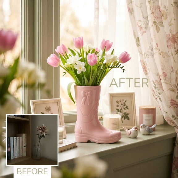 Boot Vase, Pink Ceramic Flower Vase with Bowknot Accent, Decorative Rainboots Floral Pitcher, Modern Home Decor Accent for Tabletop Living Room Bedroom