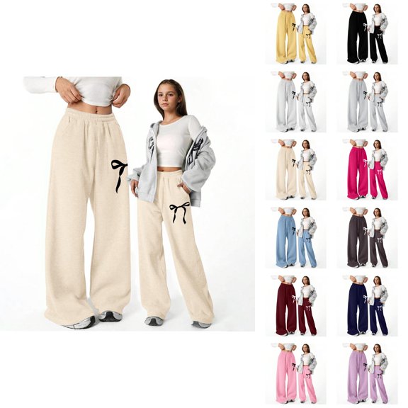 Baggy Sweatpants for Girls 2026 Casual Elastic Waist Cute Bow Printed Lightweight Straight Leg Sweatpants with Pockets