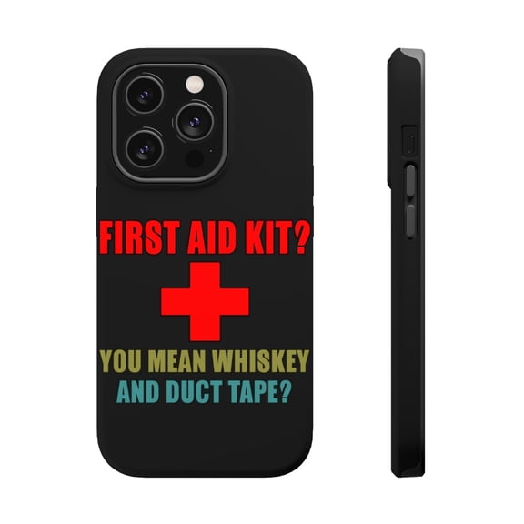 DistinctInk Tough Case for Apple iPhone 15 PRO (6.1" Screen), Compatible with MagSafe Charging - First Aid Kit - Whiskey & Duct Tape