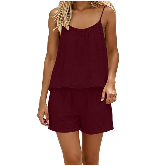 Gamivast Two Piece Outfits for Women Summer Crinkled Cami Top & Shorts Set Spaghetti Strap Lounge Sets Casual Beach Vacation Wear Loose Fit