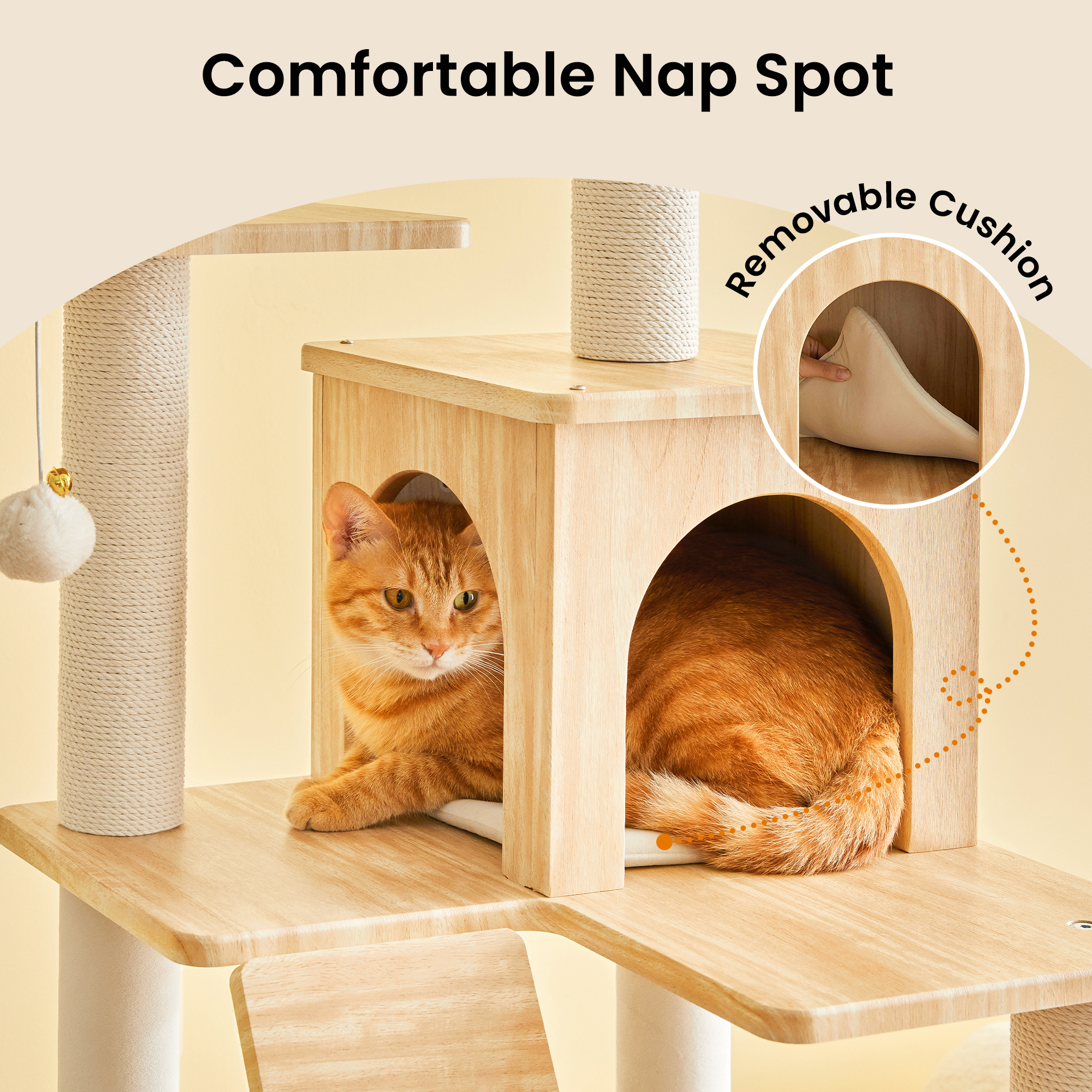 MWPO Modern Cat Tree - 64 inch Cat Tower for Indoor Cats, Multi-Level Cat Condo with 7 Fully Wrapped Scratching Posts, 2 Perches, Hammock, Removable Pad & Dangling Balls-Light Brown