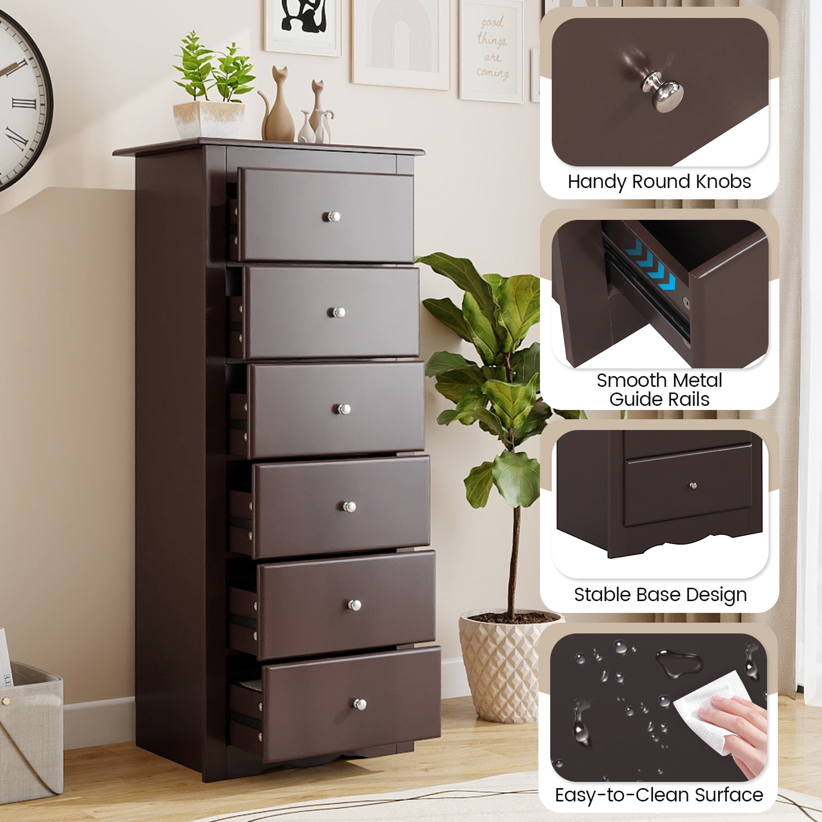 Giantex 6 Dresser Chest, Free Standing Wooden Storage Cabinet, Tall Dresser Clothes Organizer, Brown