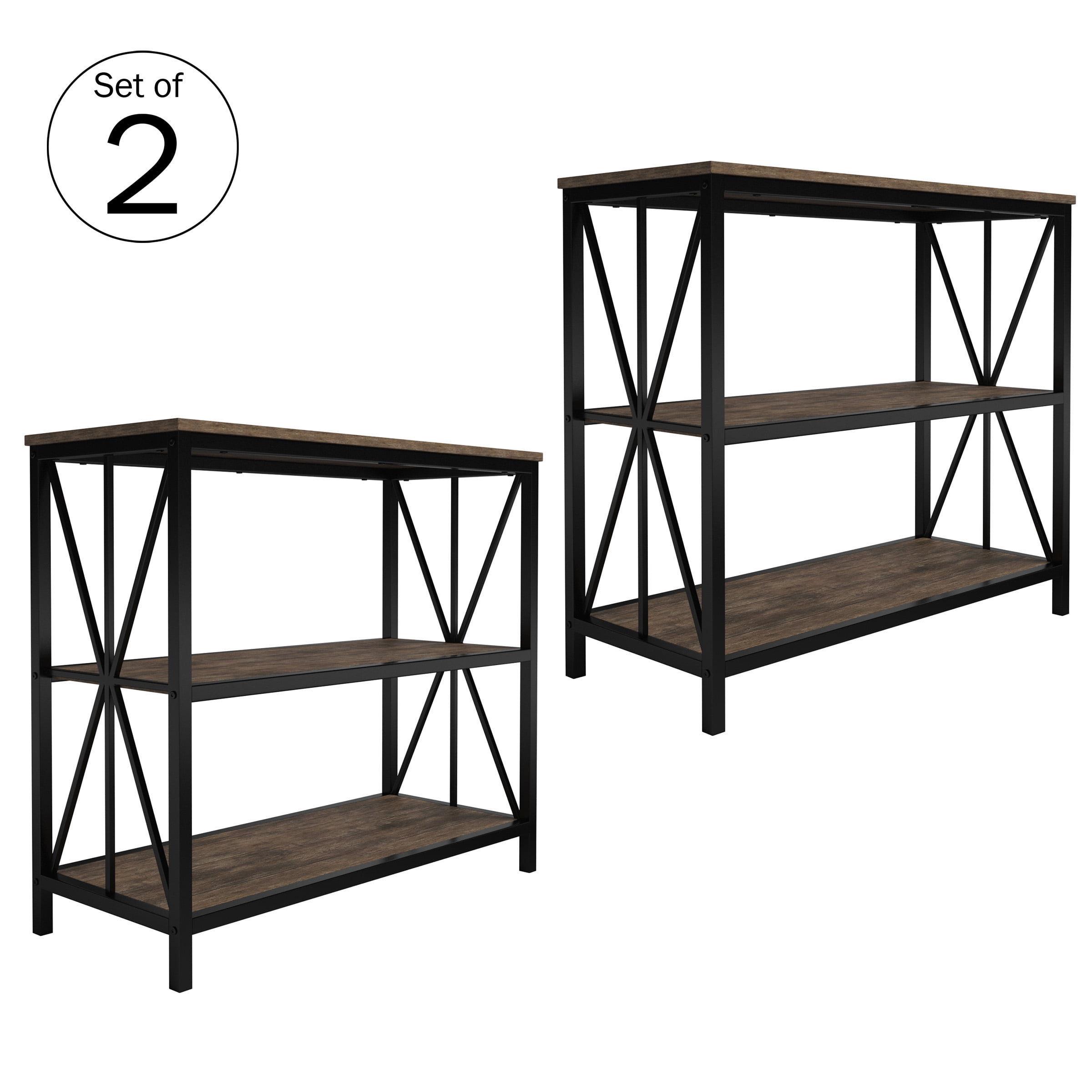 Lavish Home 3-Tier Bookshelf Set – Set of 2 Wooden Shelves, Brown Woodgrain