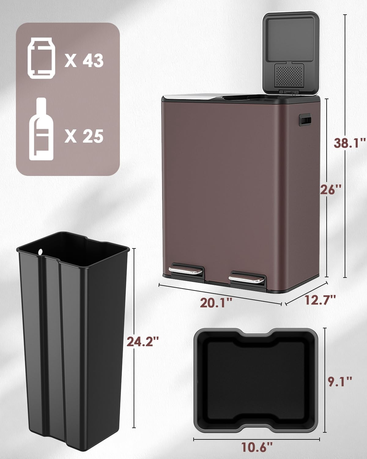 LAZY BUDDY 16 Gallon Kitchen Trash Can with Dual Compartments, Stainless Steel Recycling Garbage Bin with Inner Buckets, 2 Built-in Box for Odor Control