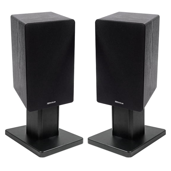 Rockville RockShelf 64B Bundle: 6.5-Inch 4-Ohm Kevlar Bookshelf Speaker Pair, 100W RMS/400W Peak, RHT8B 8-Inch Desktop Stands, Black, 2 Items