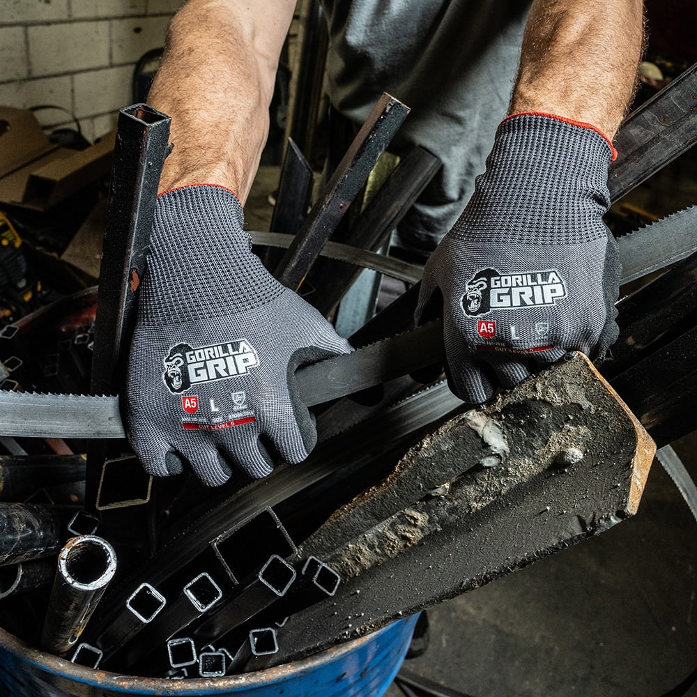 Gorilla Grip Work Glove, ANSI A5 Cut Resistant Nitrile Coated Men's Gloves, Superior Grip in Wet Conditions, Touchscreen, Gray, Large, 1 Pair