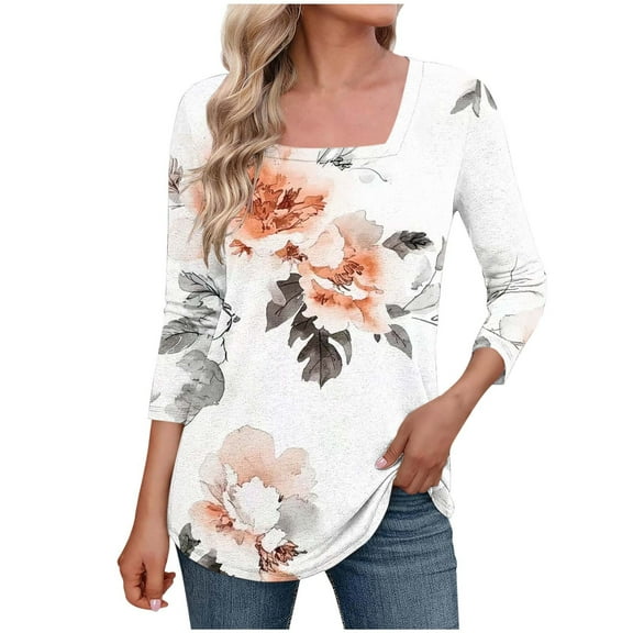 MaFYtyTPR Women Casual Loose 3/4 Sleeve Blouse Fashion Printing Square Neck Three-Quarters Sleeved Comfy Versatile Tops