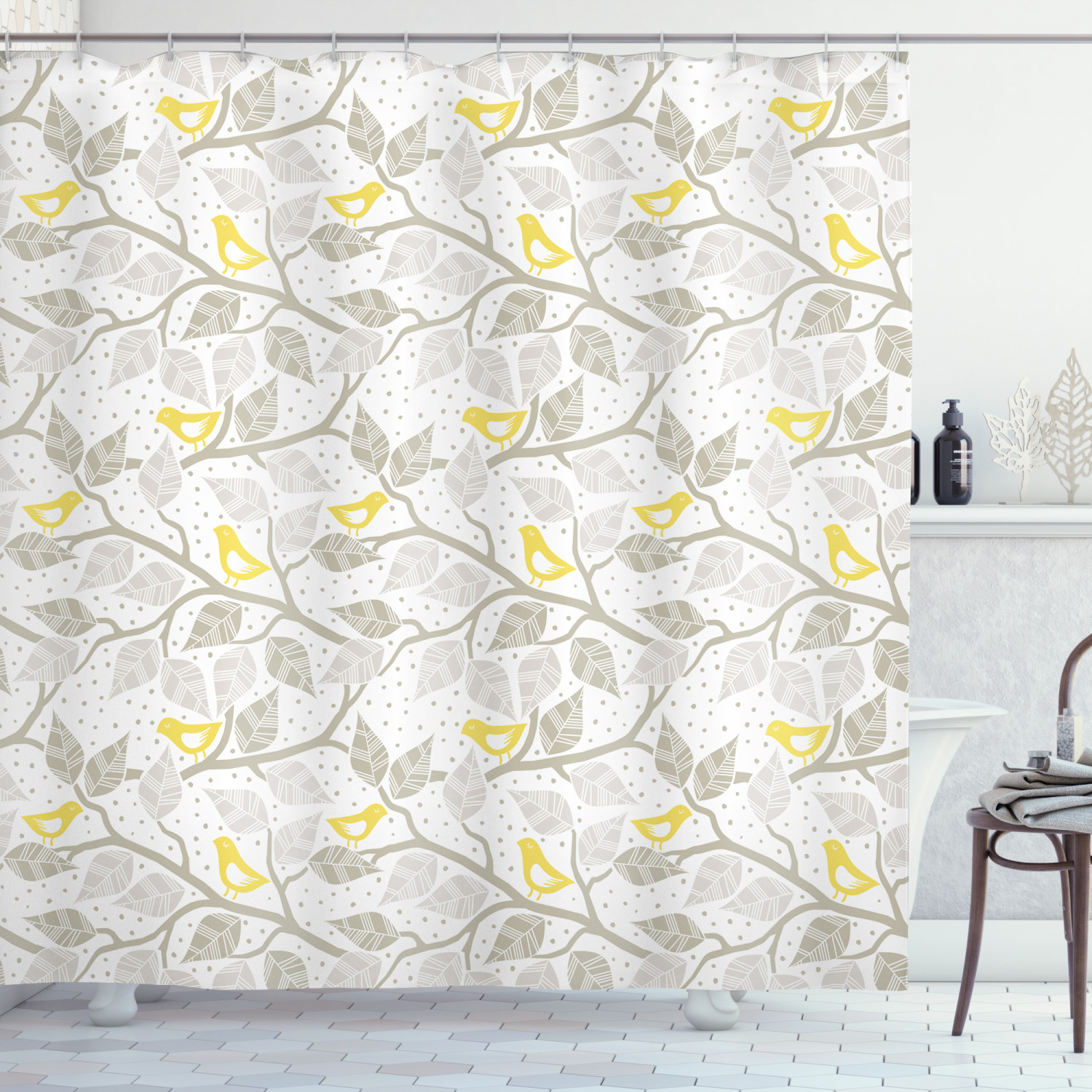 Grey and Yellow Shower Curtain, Abstract Tree Branches with Leaves