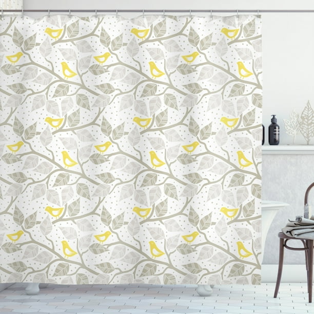 Grey and Yellow Shower Curtain, Abstract Tree Branches with Leaves Birds and Dots Spring Nature