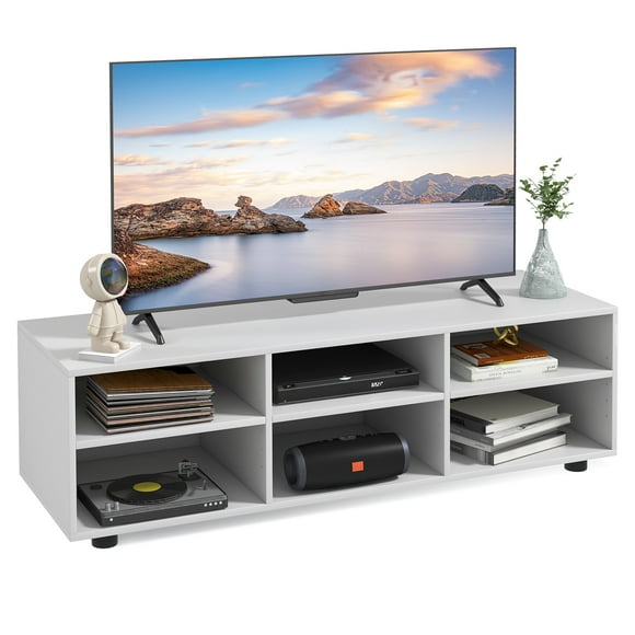 Patiojoy Wood TV Stand TV Console Cabinet w/ 6 Open Compartments 3 Adjustable Shelves Adjustable Footpads 6 Cubby Media Console Center for TVs