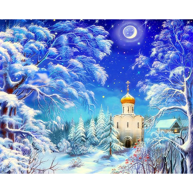 Pintura de diamante 5D DIY Taladro redondo completo Luna Nieve Iglesia Decoración para el hogar Arte Artesanía FLhrweasw Nuevo