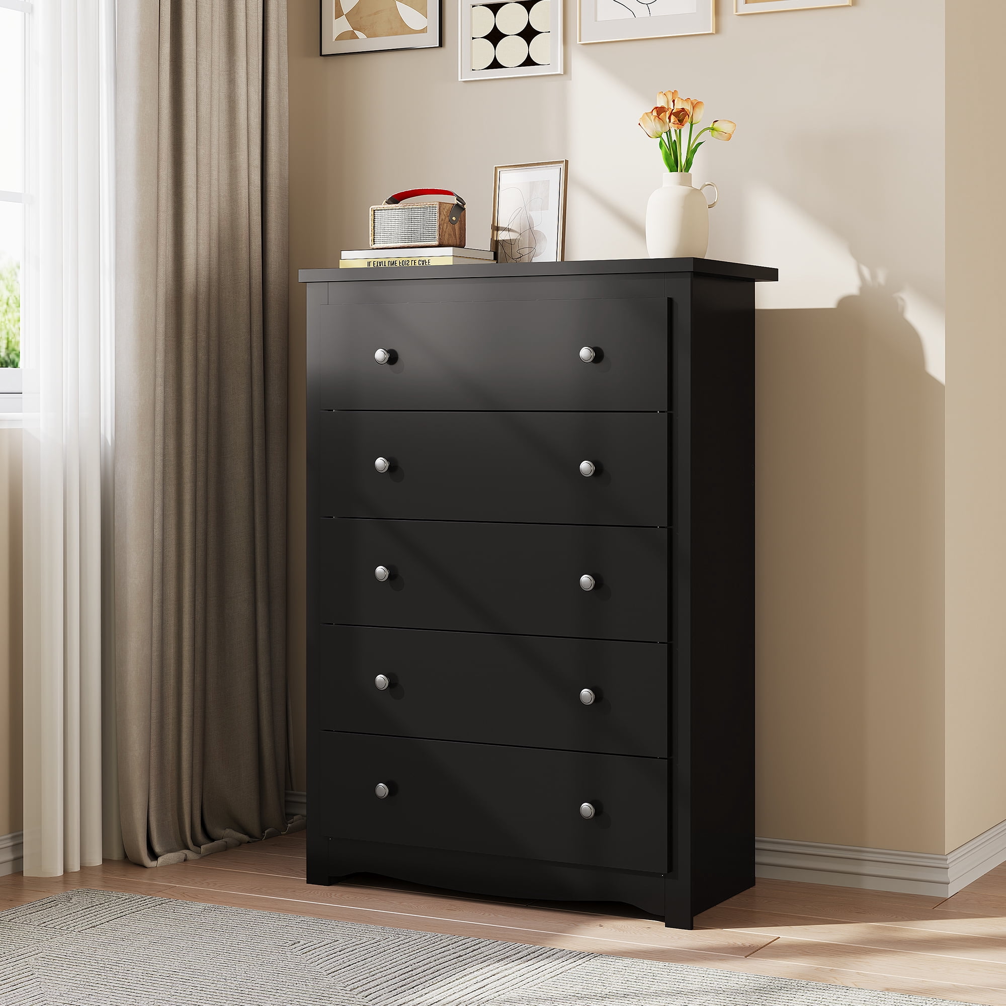 GALAXHERO 5 Drawer Dresser for Bedroom, Retro Wood Chest of Drawers, Tall Dresser with Round Metal Handle for Living Room, Hallway, Closet, Black