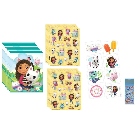 Gabbys Dollhouse Birthday Party Supplies Favor Bundle Includes 8 Loot Bags, 8 Sticker Sheets, 8 Tattoos, 1 Dinosaur Sticker Sheet