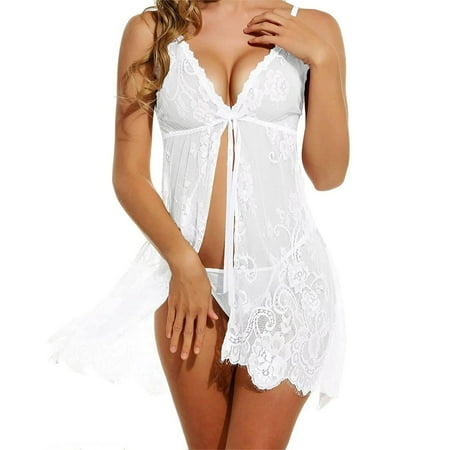 SkyAuks Sexy Lingerie for Women  Lace Babydoll Strap Chemise Nightgown  V Neck Sleepwear for Bride Bridal Wedding NegligeesWhiteL