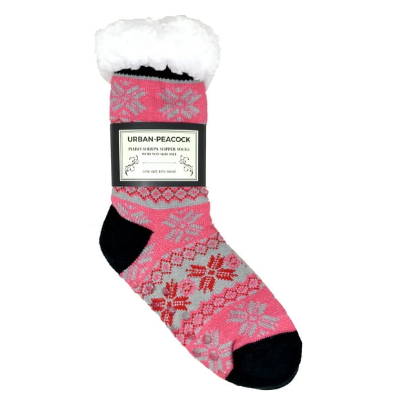 Women's Plush Fleece Lined Cozy Sherpa Gripper Slipper Socks - Pink, Gray & Black