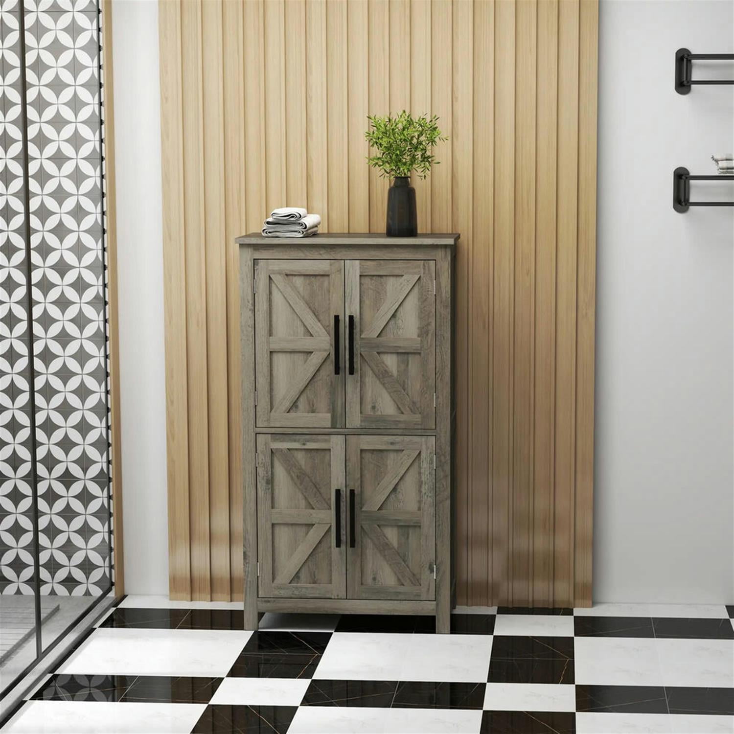 Demi Bonn 43" Farmhouse Bathroom Floor Cabinet, Freestanding Storage Cabinet with Adjustable Shelf and 4 Doors, for Living room, Entryway, Kitchen, Gray