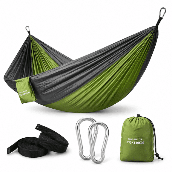 Green & Grey Single Portable Nylon Camping Hammock for Outside Yard Beach Travel