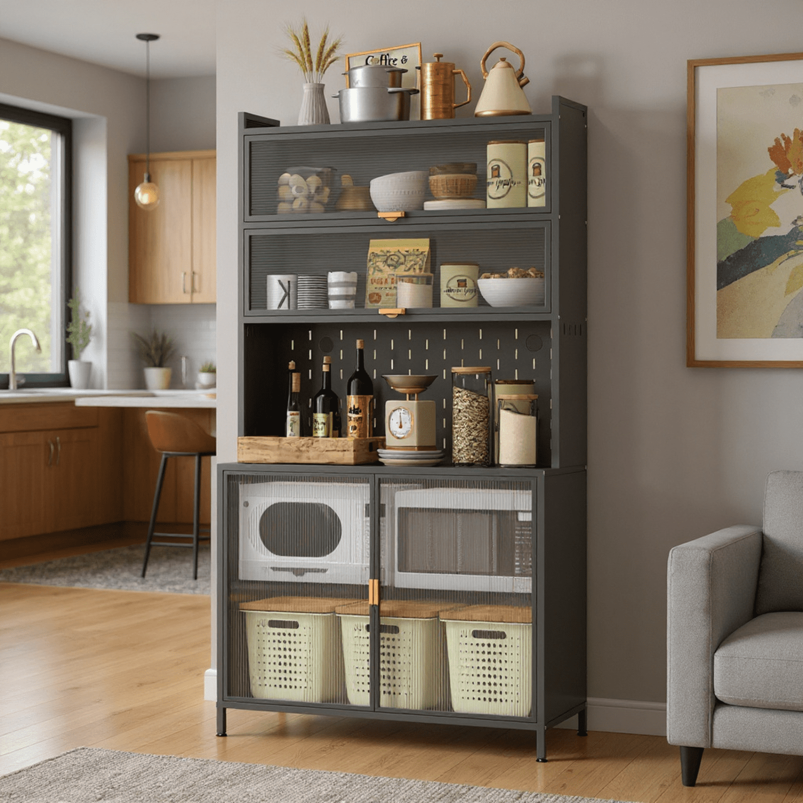 Homy Casa Tall Pantry Cabinet with Glass Sliding Doors and Multi-Layer Storage for Kitchen, Gray