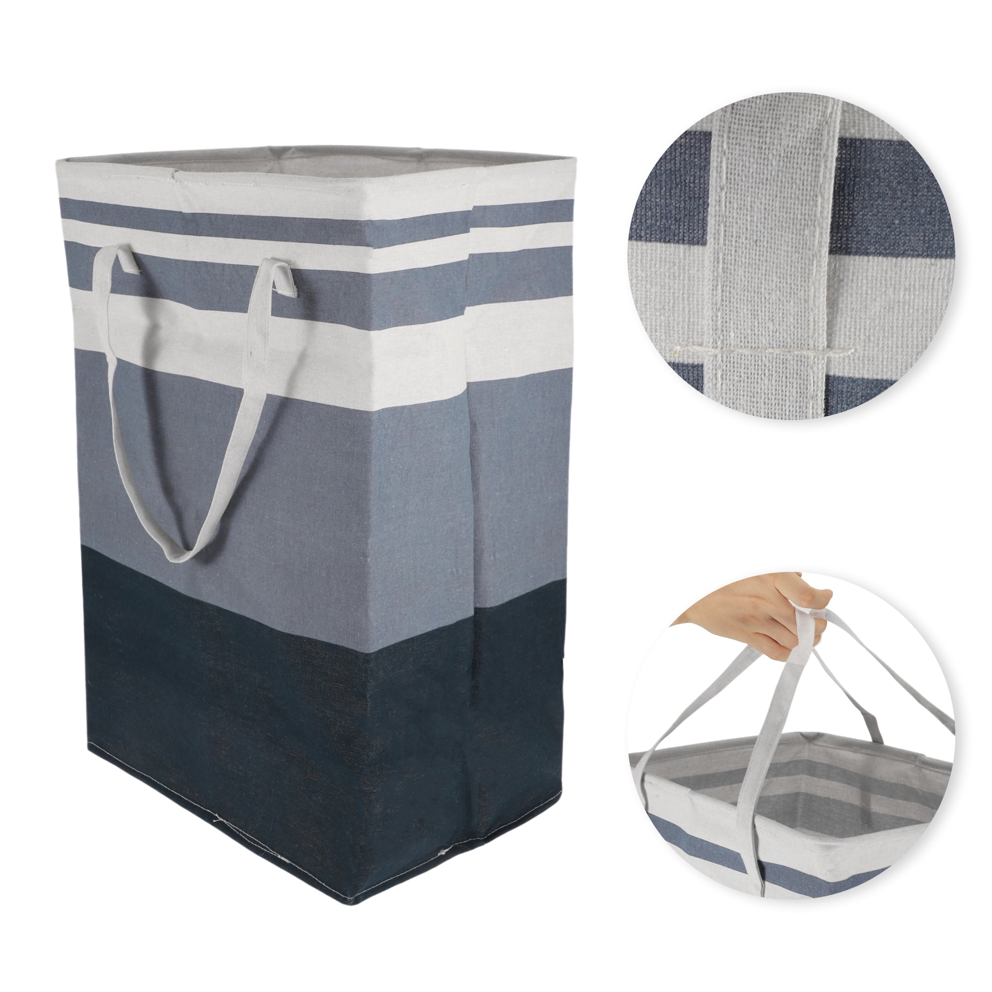 Unique Bargains Laundry Basket, Foldable Laundry Hamper with Handles Blue White