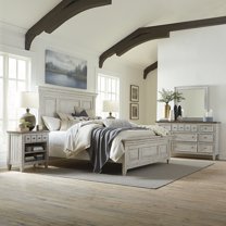 Liberty Furniture Industies, INC Queen Panel Bed, Dresser & Mirror, Night Stand - Antique White w/ Tobacco Tops