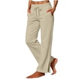 thumbnail image 4 of HomeDM Women's Wide Leg Sweatpants with Pockets Side Slit Hem Baggy Lounge Pants Beige Drawstring Waist Travel Joggers Size L, 4 of 7