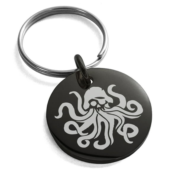 Stainless Steel Kraken Octopus Pirate Skull Engraved Small Medallion Circle Charm Keychain Keyring