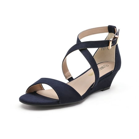 Women s Casual Dress Shoes Ankle Strap Low Wedge Sandals Fashion Open Toe Sandals NAVY/SUEDE Size 8.5