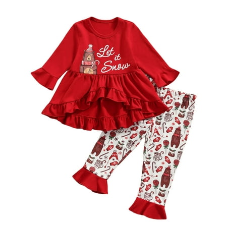 

Nokpsedcb Christmas Kids Baby Girls Clothes Set Printing Round Collar Pullover Tops Flared Trousers Outfits Red 2-3 Years