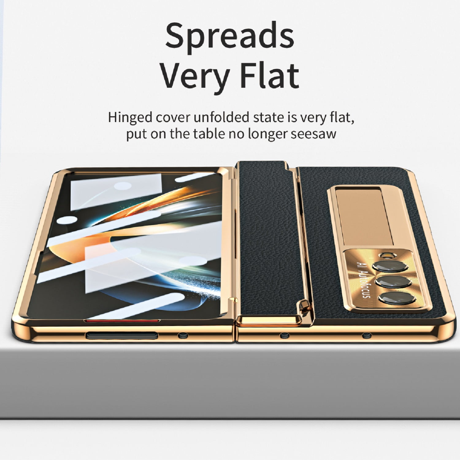 TECH CIRCLE Galaxy Z Fold 3 Case, Ultra-Thin Luxury PU Leather Hard PC Kickstand Anti-Scratch Shockproof Hinge Protection Case Support Wireless Charging for Samsung Galaxy Z Fold 3 5G, Gold+Black