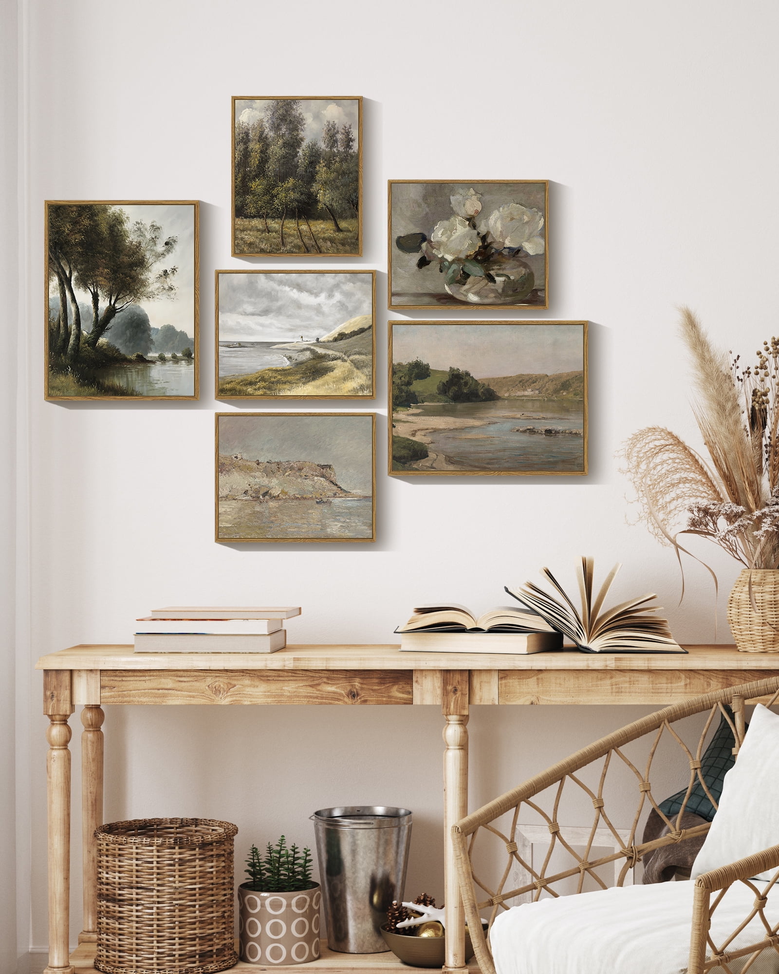Drsoum Vintage 8x10in4pcs+11x14in2pcs Brown Framed Landscape Canvas Wall Art Classic Painting Modern Farmhouse Decor