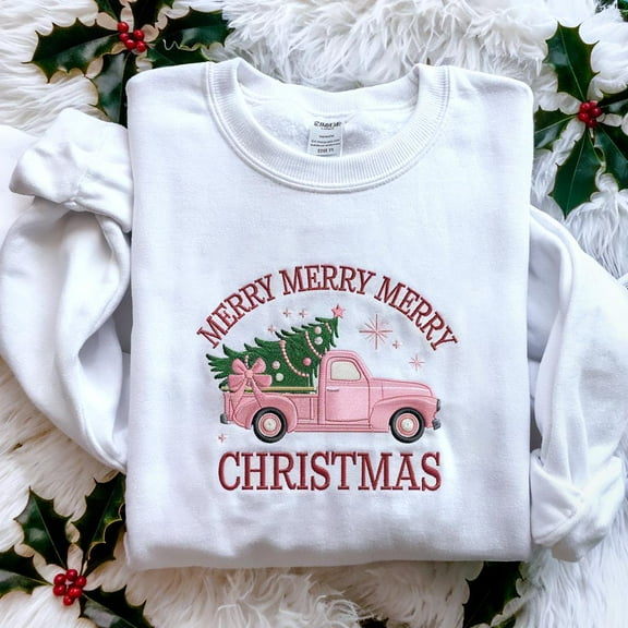 Pink Retro Merry Christmas Truck Embroidered Sweatshirt, Coquette Christmas Tree Shirt, Cute Holiday Sweater, Vintage Christmas Sweatshirt