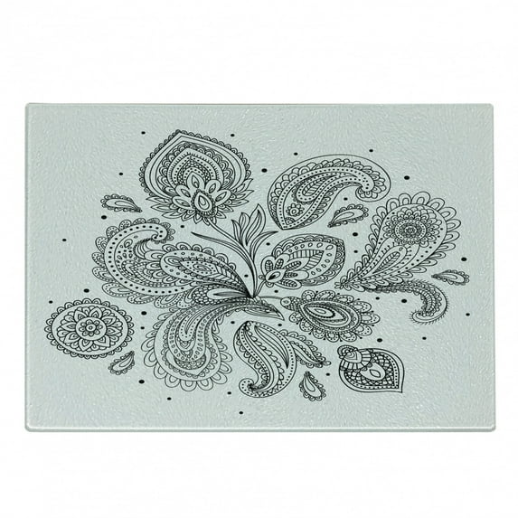 Ethnic Cutting Board, Eastern Inspired Various Ornamental Patterns Circles Lines Monochrome Image Print, Decorative Tempered Glass Cutting and Serving Board, Small Size, White Black, by Ambesonne