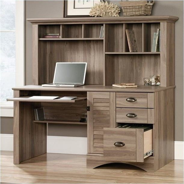 BOWERY HILL Modern Metal Home Office Desk With Hutch In Salt Oak