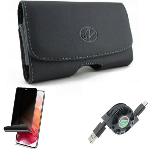 Privacy Screen Protector w USB Cable w Case Belt Clip for Samsung Galaxy S21 Plus - TPU Film Fingerprint Works, Retractable Type-C, Leather Swivel Accessory Bundle