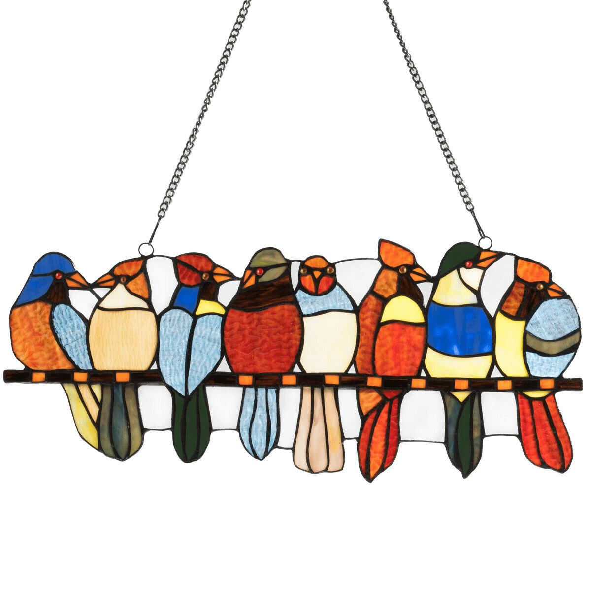 Colorful Birds on Wire Stained Glass Window Panel Sun Catcher w/Hanging Chain 