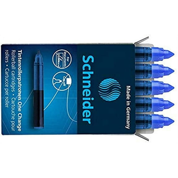 Schneider One Change Rollerball Refill Cartridges, 0.6 mm, Blue Ink, Box of 5 Refill Cartridges (185403)