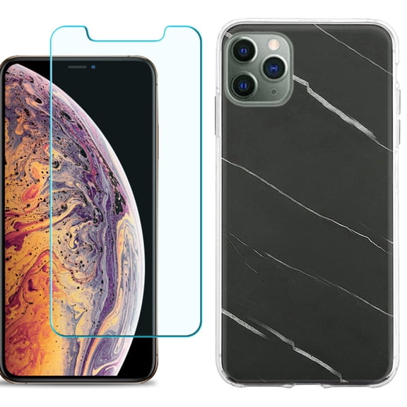 For Apple iPhone 11 Pro Max Phone Case , Slim-Fit TPU Case with Tempered Glass Screen Protector, by OneToughShield ® - Marble / Black