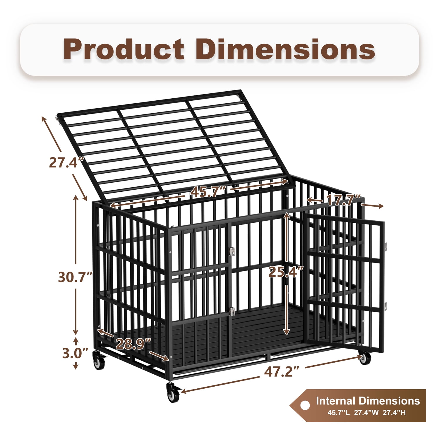 48 Inch Heavy Duty Dog Crate with Wheels，Indestructible Escape-Proof Dog Cage for Large Dogs, Extra Large XL XXL Indestructible Dog Crate with Removable Tray.