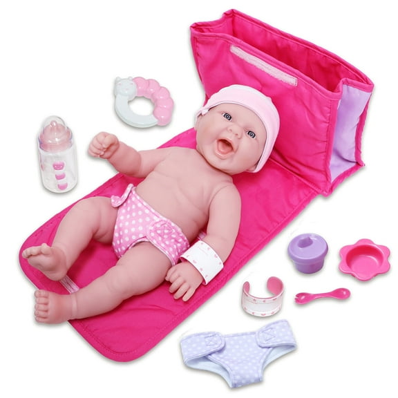 10 Piece Deluxe Diaper Bag Gift Set | Feat. 13 Realistic Smiling Baby Newborn Doll | La Newborn - JC Toys | All Vinyl | Washable | Ages 2+, Pink
