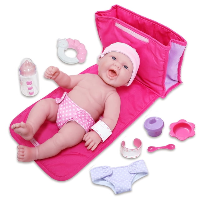 10 Piece Deluxe Diaper Bag Gift Set | Feat. 13 Realistic Smiling Baby Newborn Doll | La Newborn - JC Toys | All Vinyl | Washable | Ages 2+, Pink