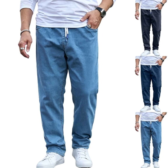 Mens Stretch Denim Jeans Plus Size Casual Elastic Waist Pull On Jeans Relaxed Straight Leg Comfortable Jogger Jeans Lightweight Flex Denim Pants for Men Casual Daily Wear Office Travel Classic Fit