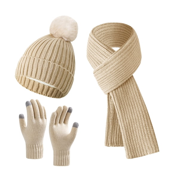 3 Pcs Winter Satin Silk Lined Beanie Hat Long Knit Scarf Touchscreen Wool Gloves Set for Women Men