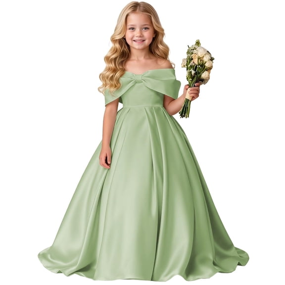 Bmisegm Girls Dress Formal off Shoulder Solid Big Bow Sleeveless Floor Length Party Gown Big Kids Toddler Girl Dresses