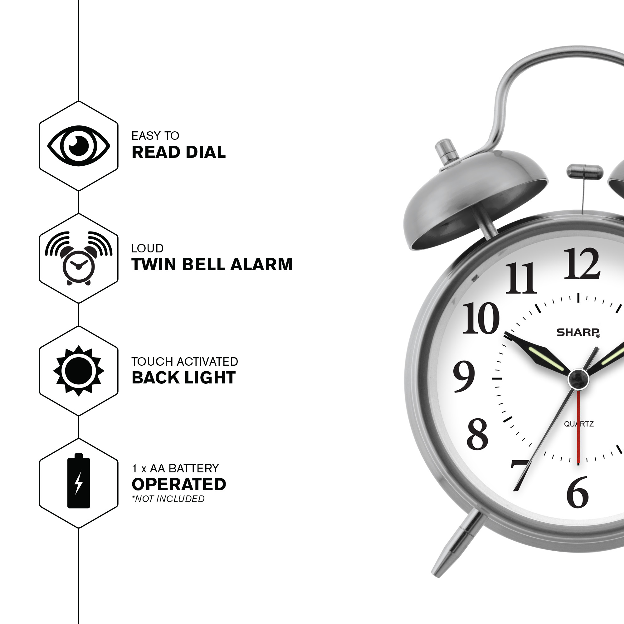 SHARP Twin Bell Quartz Analog Alarm Clock, Silver Brushed Metal, Loud Alarm, Battery Operated - image 4 of 6